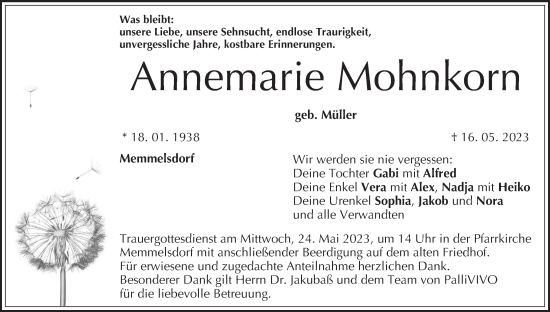 Anzeige von Annemarie Mohnkorn von MGO