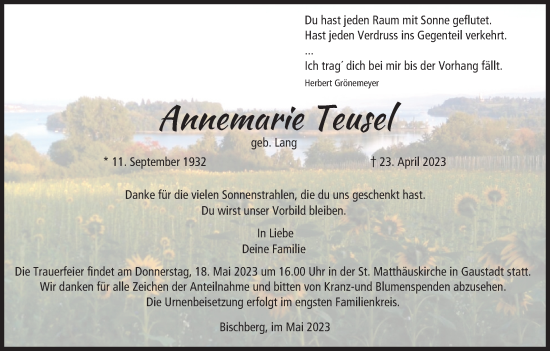 Anzeige von Annemarie Teusel von MGO