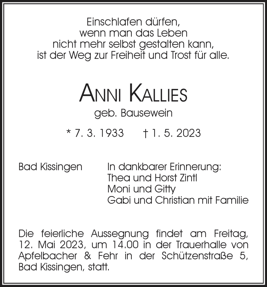  Traueranzeige für Anni Kallies vom 06.05.2023 aus MGO