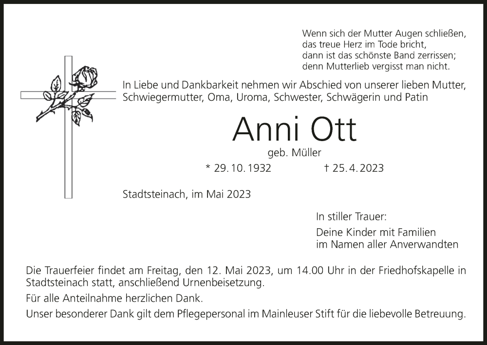  Traueranzeige für Anni Ott vom 10.05.2023 aus MGO