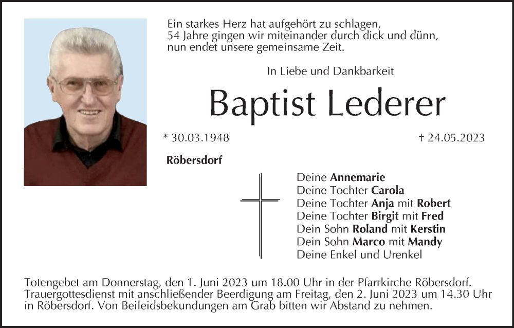  Traueranzeige für Baptist Lederer vom 27.05.2023 aus MGO