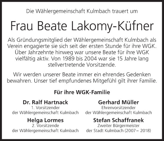 Anzeige von Beate Lakomy-Küfner von MGO
