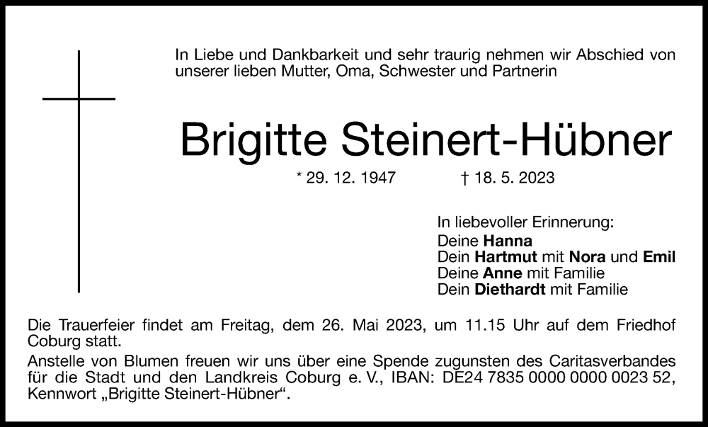  Traueranzeige für Brigitte Steinert-Hübner vom 24.05.2023 aus MGO