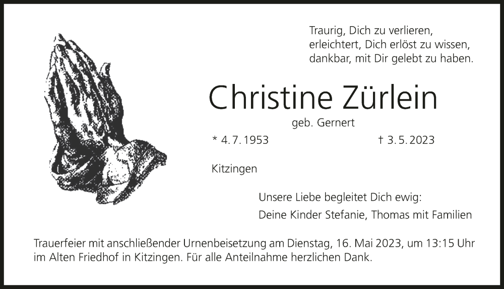  Traueranzeige für Christine Zürlein vom 13.05.2023 aus MGO