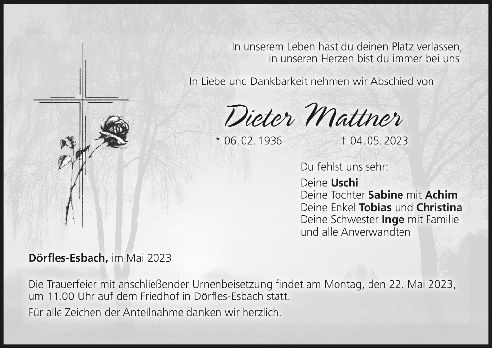  Traueranzeige für Dieter Mattner vom 13.05.2023 aus MGO