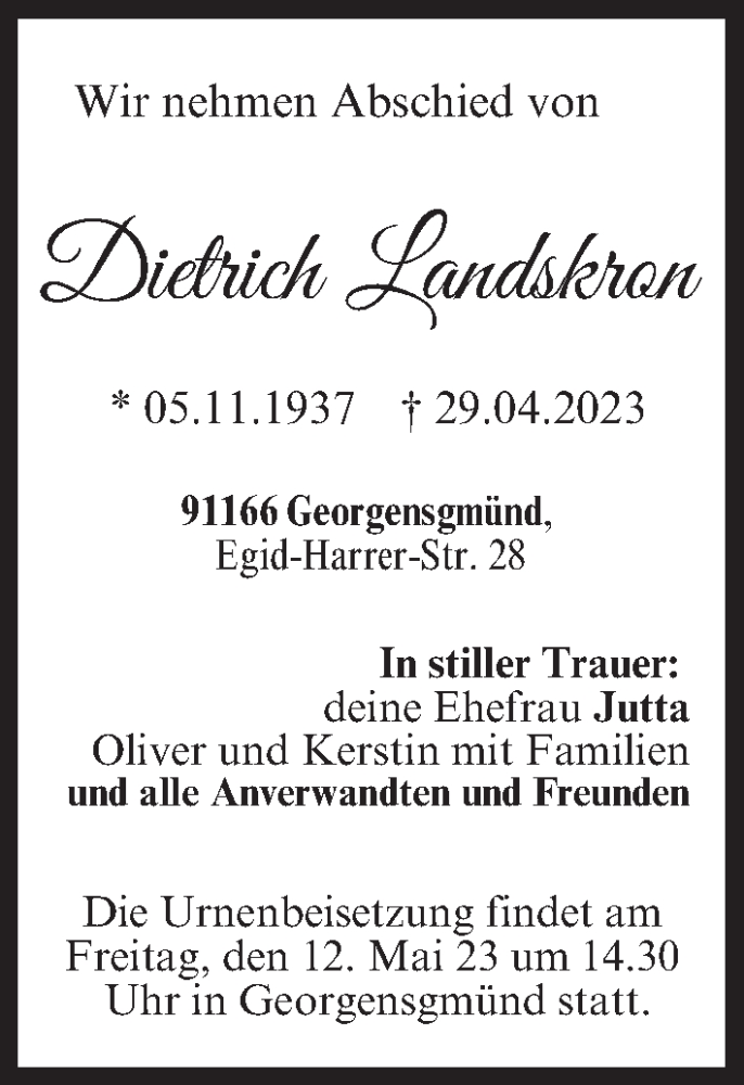  Traueranzeige für Dietrich Landskron vom 06.05.2023 aus MGO