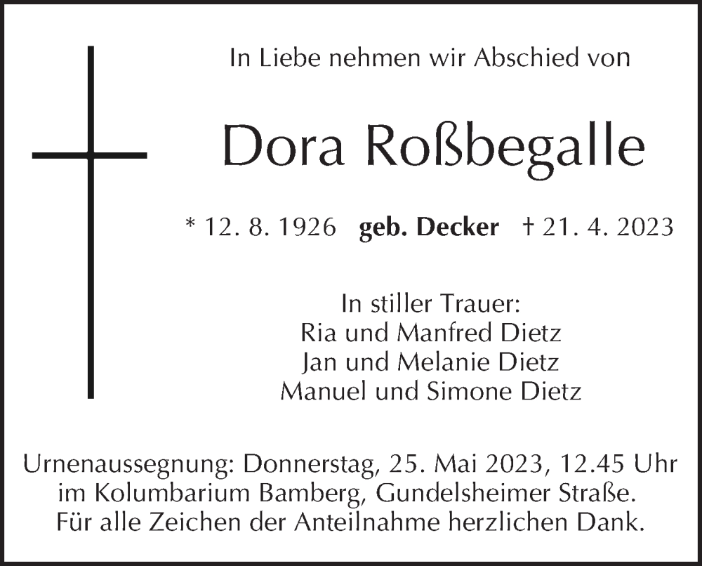  Traueranzeige für Dora Roßbegalle vom 20.05.2023 aus MGO