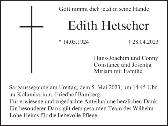 Anzeige von Edith Hetscher von MGO