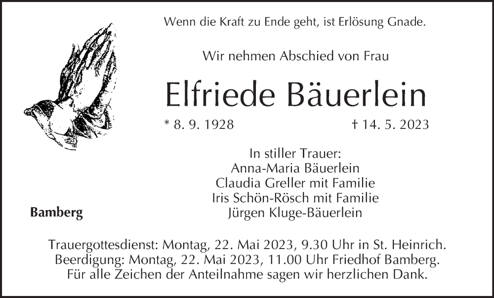  Traueranzeige für Elfriede Bäuerlein vom 19.05.2023 aus MGO