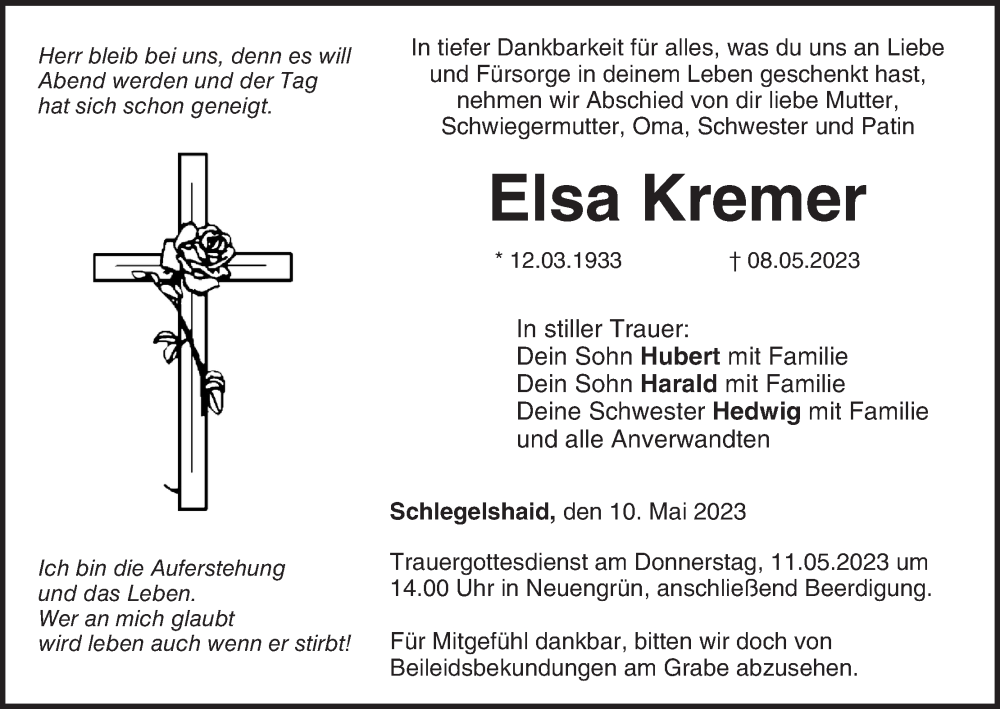  Traueranzeige für Elsa Kremer vom 10.05.2023 aus MGO