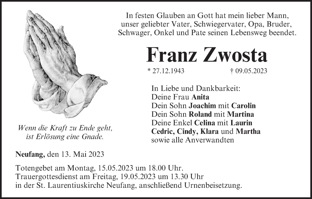  Traueranzeige für Franz Zwosta vom 13.05.2023 aus MGO