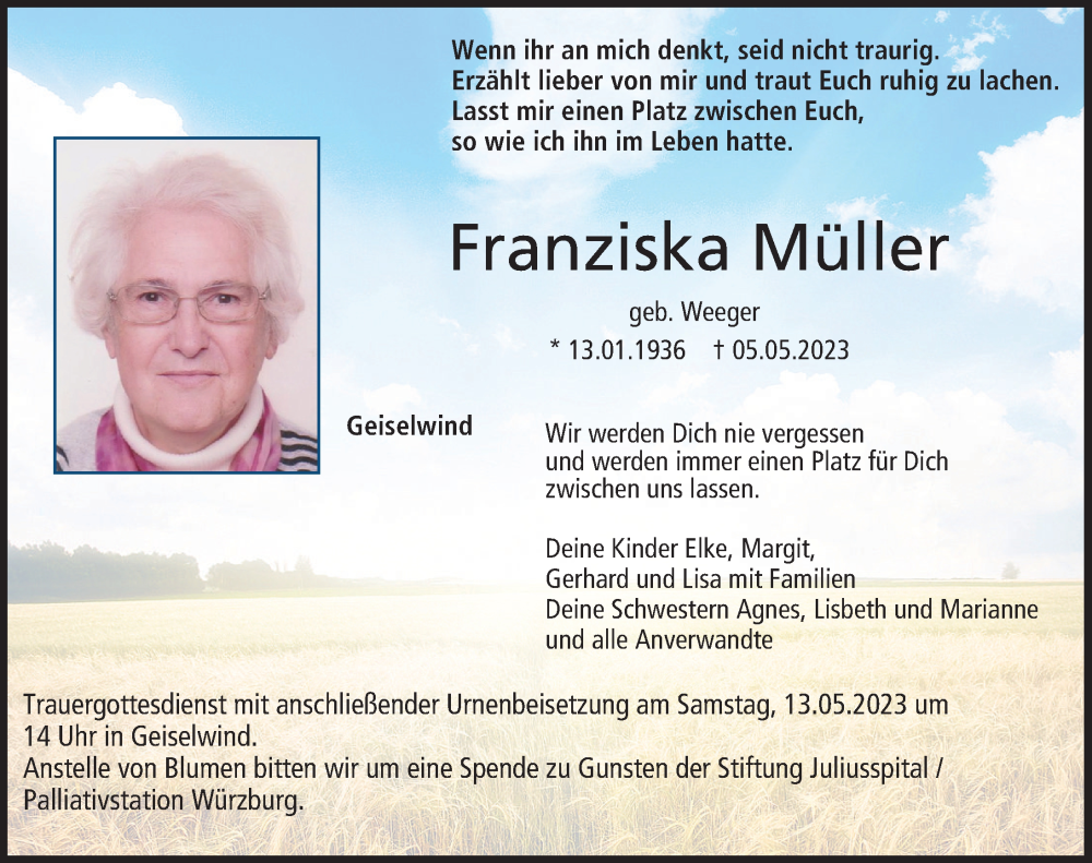  Traueranzeige für Franziska Müller vom 10.05.2023 aus MGO