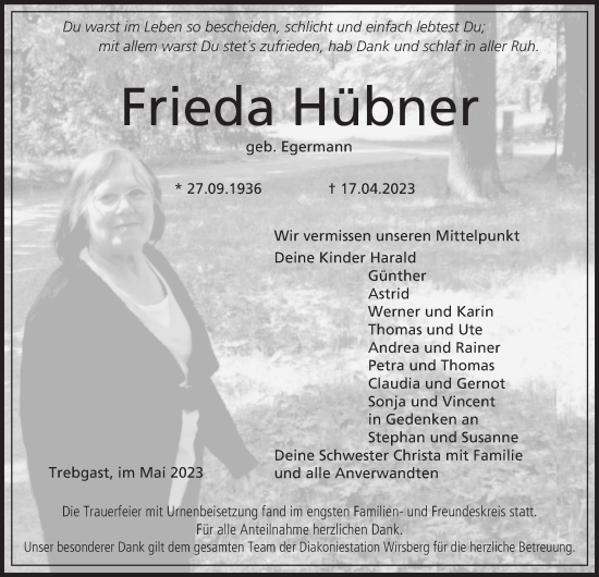 Anzeige von Frieda Hübner von MGO