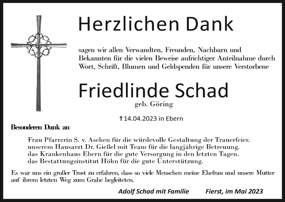  Traueranzeige für Friedlinde Schad vom 13.05.2023 aus MGO