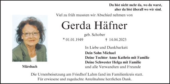 Anzeige von Gerda Häfner von MGO