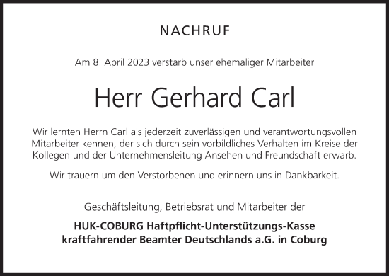 Anzeige von Gerhard Carl von MGO