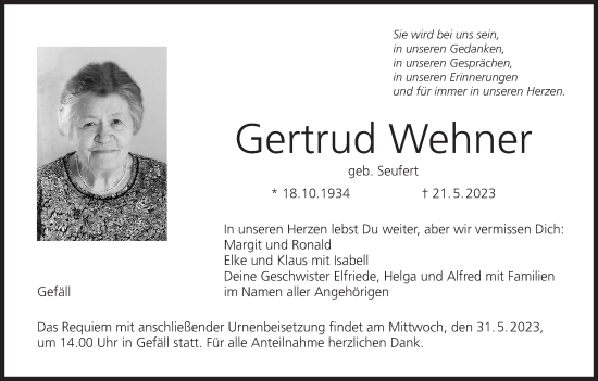 Anzeige von Gertrud Wehner von MGO