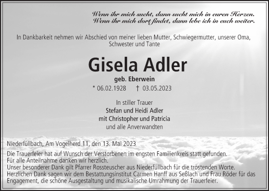 Anzeige von Gisela Adler von MGO