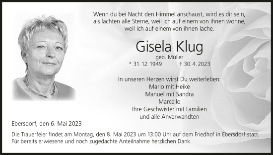 Anzeige von Gisela Klug von MGO