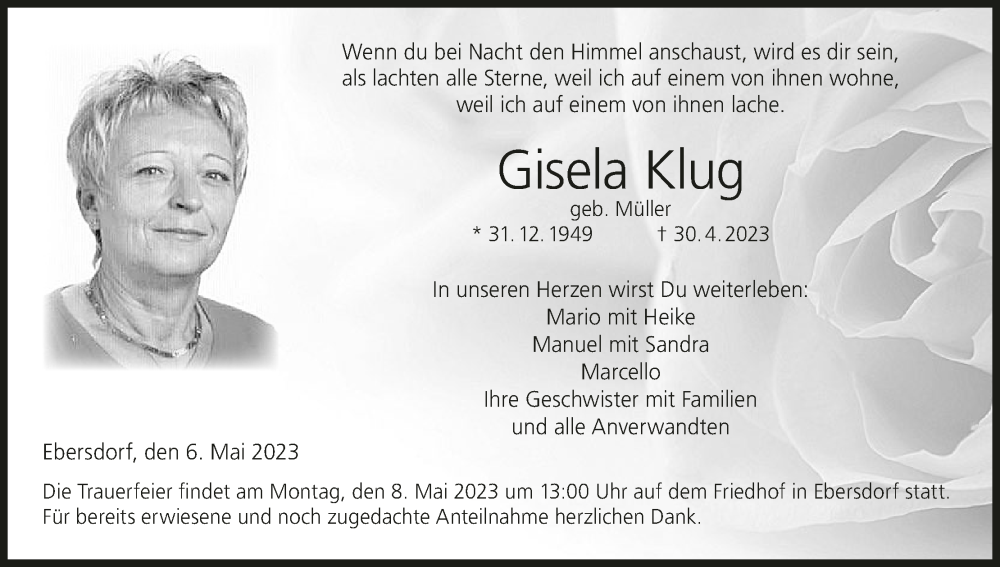  Traueranzeige für Gisela Klug vom 06.05.2023 aus MGO