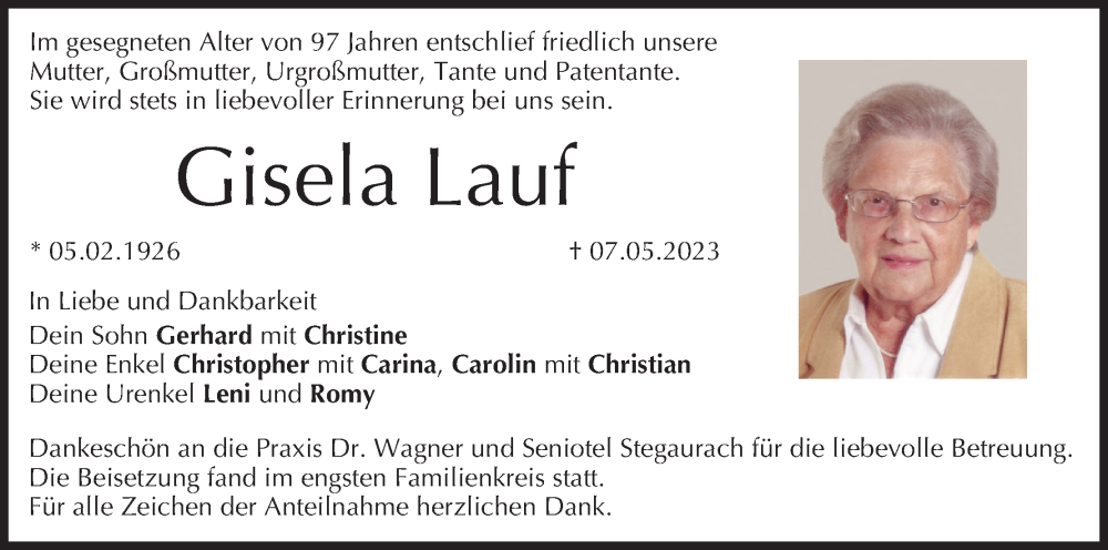  Traueranzeige für Gisela Lauf vom 27.05.2023 aus MGO