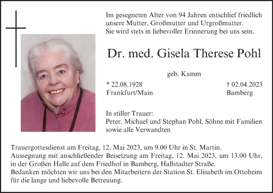 Anzeige von Gisela Therese Pohl von MGO
