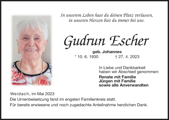 Anzeige von Gudrun Escher von MGO