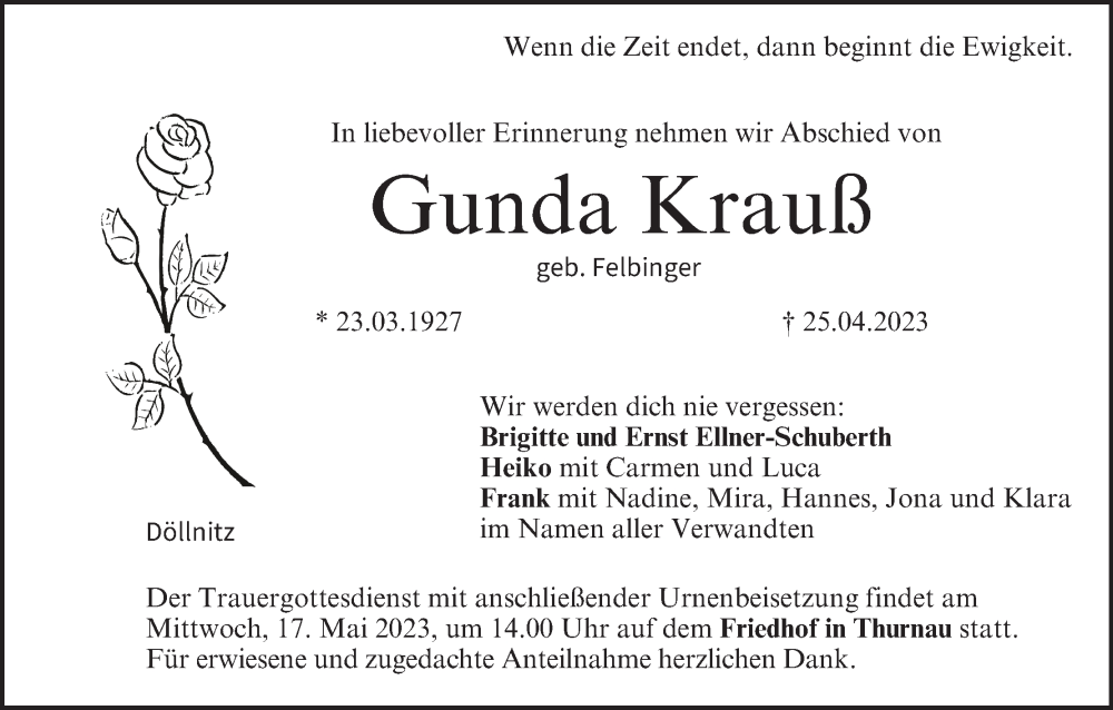  Traueranzeige für Gunda Krauß vom 13.05.2023 aus MGO