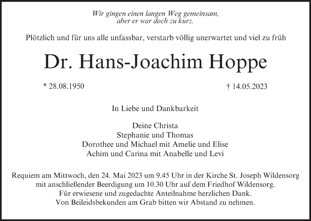  Traueranzeige für Hans-Joachim Hoppe vom 20.05.2023 aus MGO