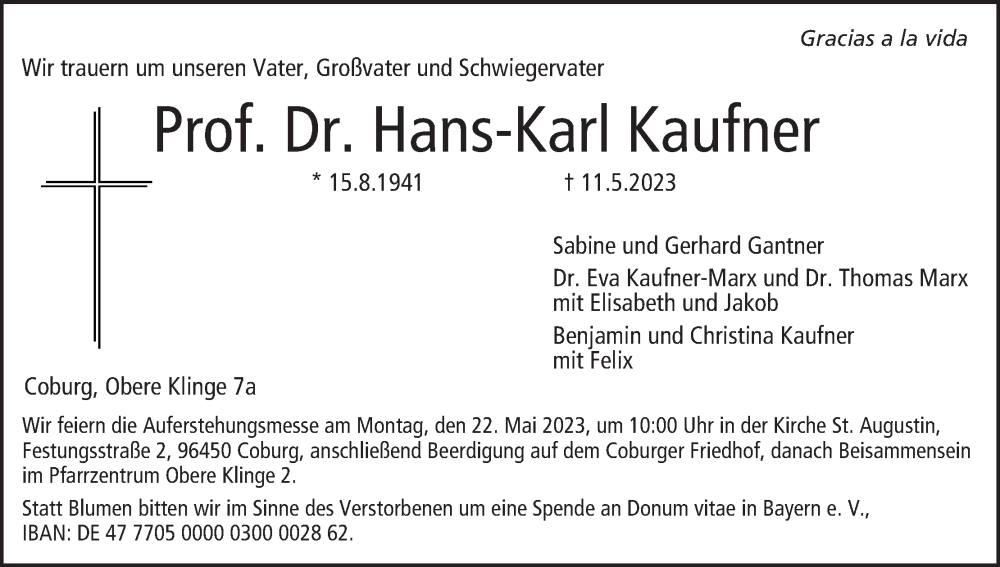  Traueranzeige für Hans-Karl Kaufner vom 13.05.2023 aus MGO