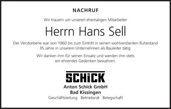 Anzeige von Hans Sell von MGO