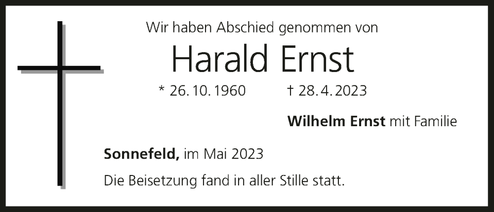  Traueranzeige für Harald Ernst vom 13.05.2023 aus MGO