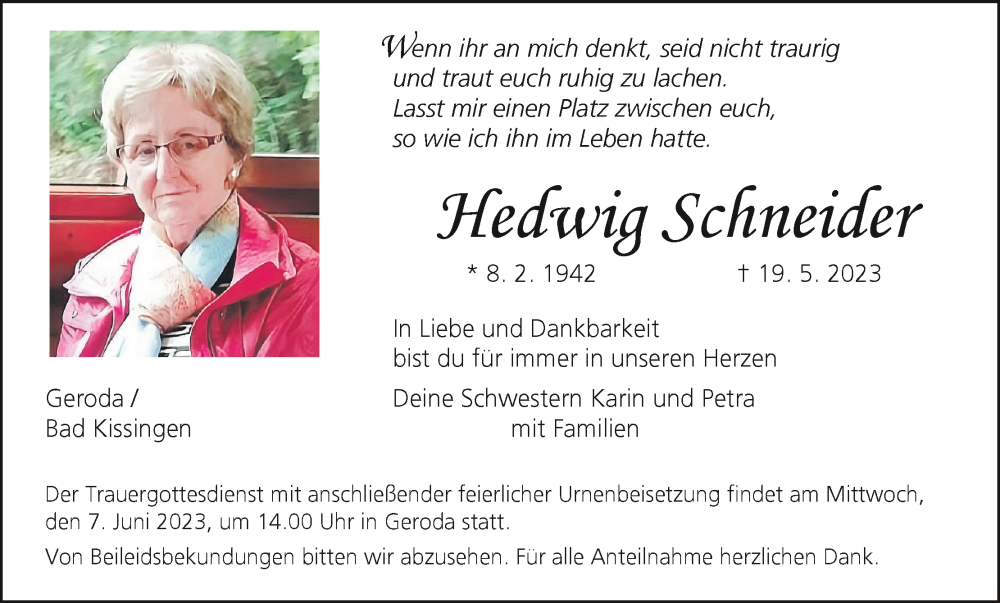  Traueranzeige für Hedwig Schneider vom 27.05.2023 aus MGO