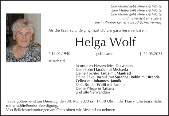 Anzeige von Helga Wolf von MGO