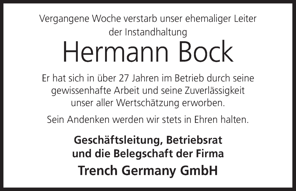  Traueranzeige für Hermann Bock vom 12.05.2023 aus MGO