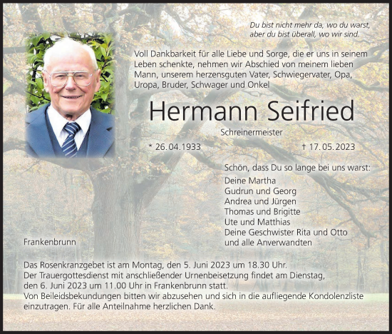 Anzeige von Hermann Seifried von MGO