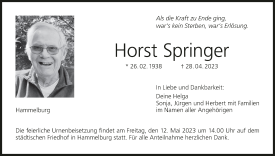 Anzeige von Horst Springer von MGO