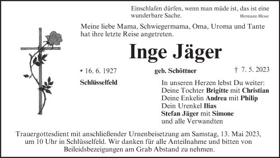 Anzeige von Inge Jäger von MGO