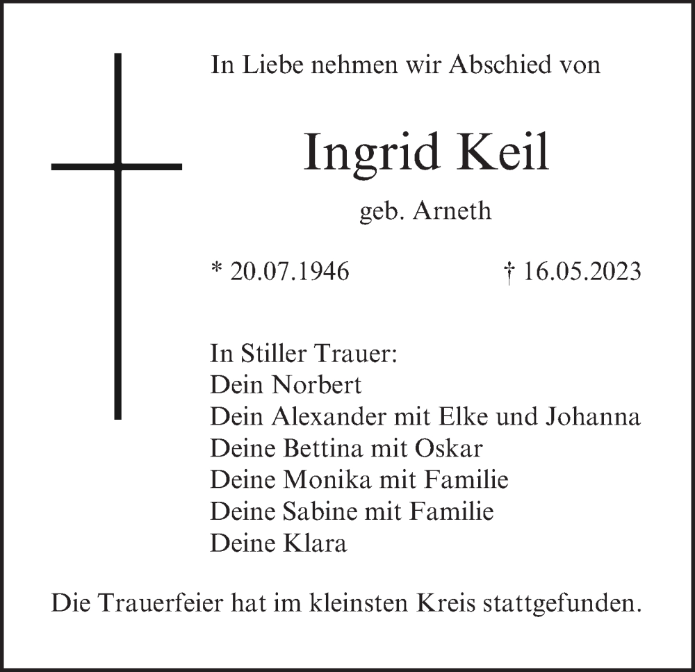  Traueranzeige für Ingrid Keil vom 27.05.2023 aus MGO
