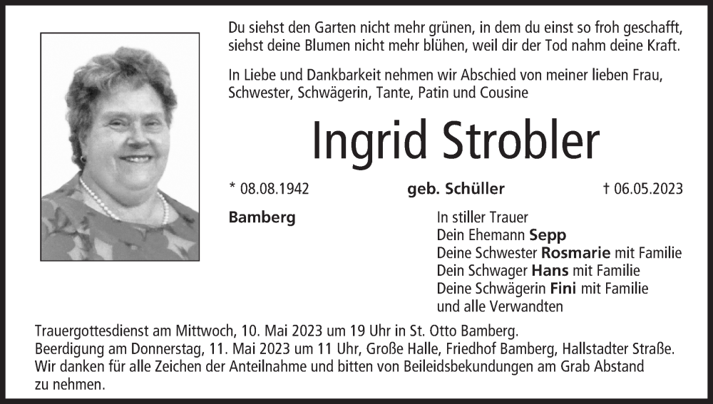  Traueranzeige für Ingrid Strobler vom 09.05.2023 aus MGO