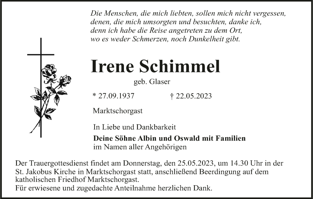  Traueranzeige für Irene Schimmel vom 24.05.2023 aus MGO