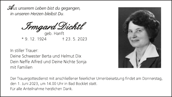 Anzeige von Irmgard Dichtl von MGO