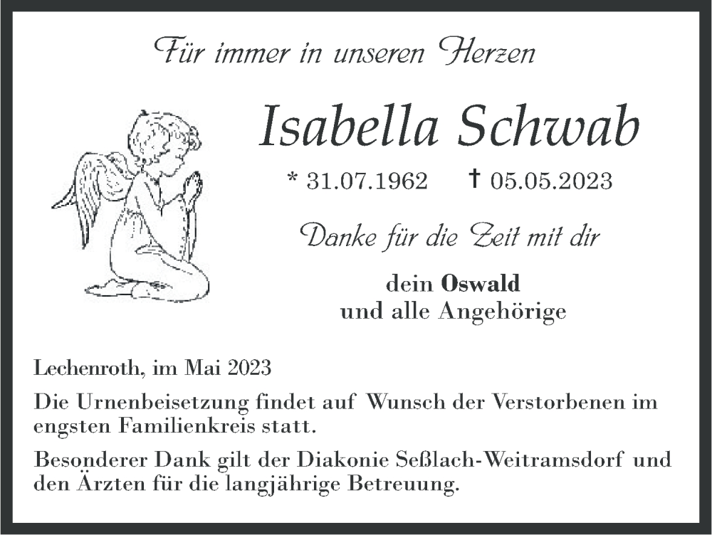  Traueranzeige für Isabella Schwab vom 13.05.2023 aus MGO