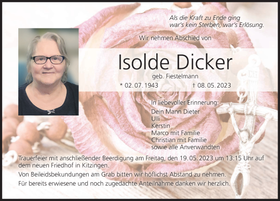 Anzeige von Isolde Dicker von MGO