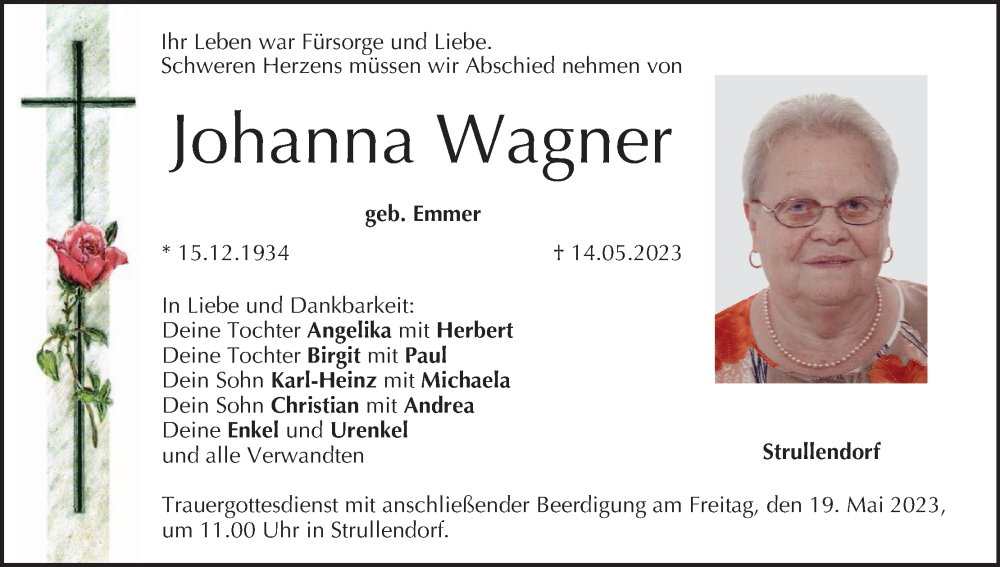  Traueranzeige für Johanna Wagner vom 17.05.2023 aus MGO