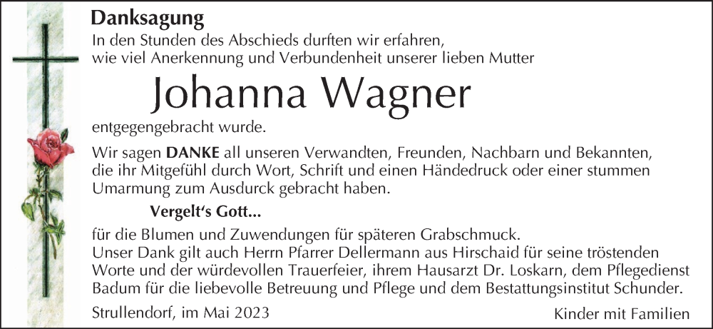  Traueranzeige für Johanna Wagner vom 27.05.2023 aus MGO