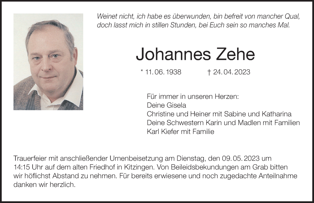  Traueranzeige für Johannes Zehe vom 06.05.2023 aus MGO