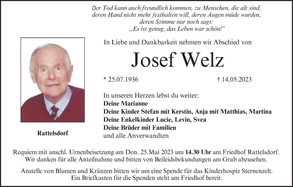  Traueranzeige für Josef Welz vom 20.05.2023 aus MGO