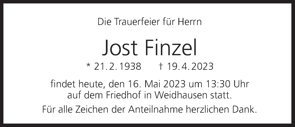  Traueranzeige für Jost Finzel vom 16.05.2023 aus MGO