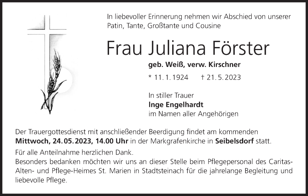  Traueranzeige für Juliana Förster vom 23.05.2023 aus MGO